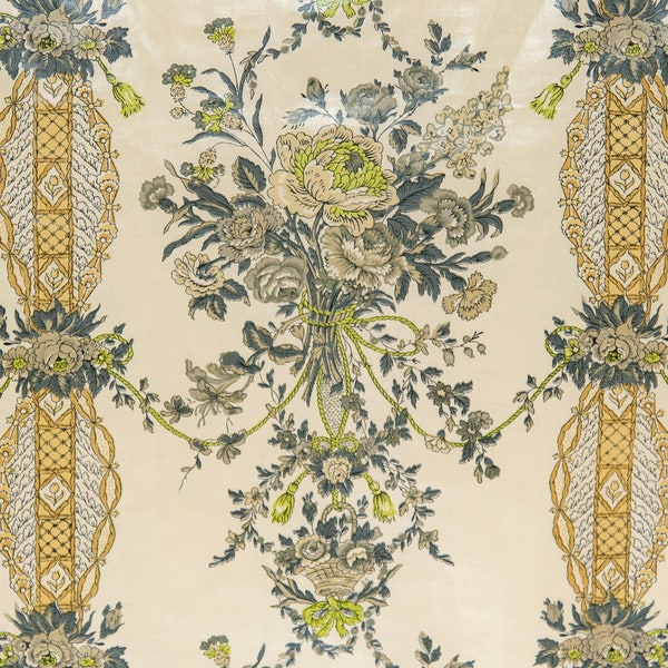 Vintage 1970's Furnishing Fabric. Design: 'Victorian Bouquet'. Colour; Arsenic Green/Slate Grey