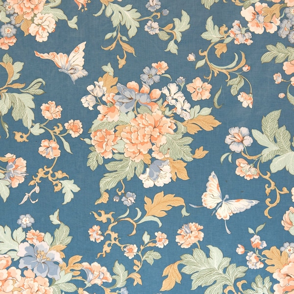 Vintage 1980's Greeff Furnishing Fabric. Design: 'Tea Flower', Colour; 'Slate Blue'.