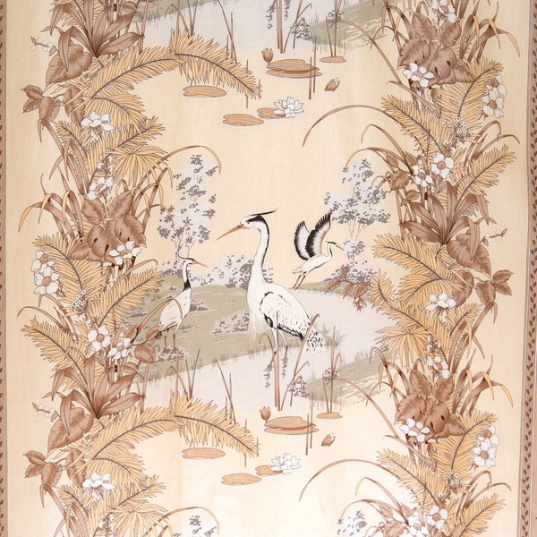 Vintage 1970's Furnishing Fabric. Design: 'White Cranes', Colour; 'Beige Brown'.