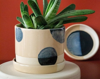 Blue Moon Planter w Drip Plate | Ceramic 5 in Planter w Drainage Hole | Modern Handmade Pottery | Indoor Flower Pot