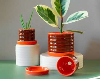 Color Block Ripple Pots Orange | Castoe Pots Handmade Ceramic Planters | Wavy Indoor Planter with Drainage Hole and Drip Plate | Flower Pot
