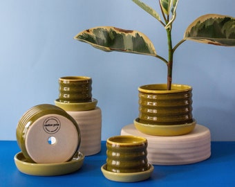 Kleurblok Rimpelpotten Groen | Castoe Potten Handgemaakte keramische plantenbakken | Golvende plantenbak voor binnen met drainagegat en lekplaat | Bloempot