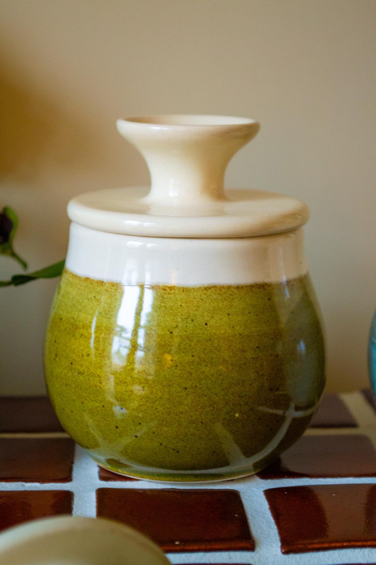 Ceramic Butter Dish | French Butter Crock | Wheel-Thrown Handmade Pottery - Green / Cream