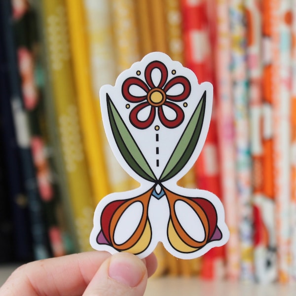 Retro Floral Scissors Waterproof Vinyl Sticker - Sewing, Quilting, Crafting 3”