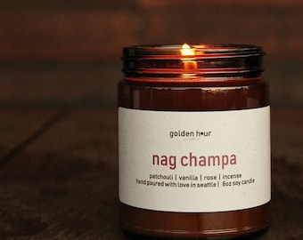 Nag Champa Scented Candle: Coconut Soy Wax, Patchouli & Rose - 8oz