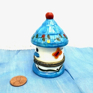 Vintage Small Ceramic Birdhouse Trinket Box with Butterflies, Blue and White Birdhouse with Metal Edge Hinged Lid