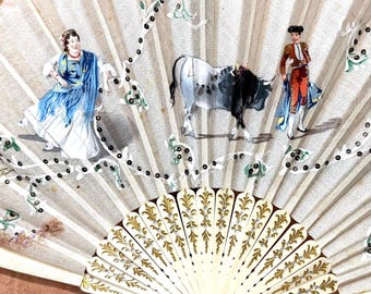 Antique Folding Hand Fan with Spanish Couple and Bull: Hand Painted