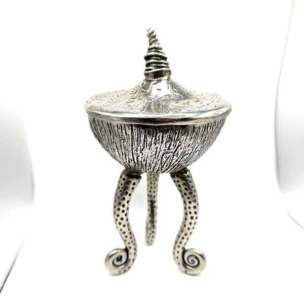 Patrick Meyer Pewter Footed Octopus Tentacle Dish with Lid, Modernist Brutalist, 8 Inches Tall, Metal Mermaid Ocean Decor