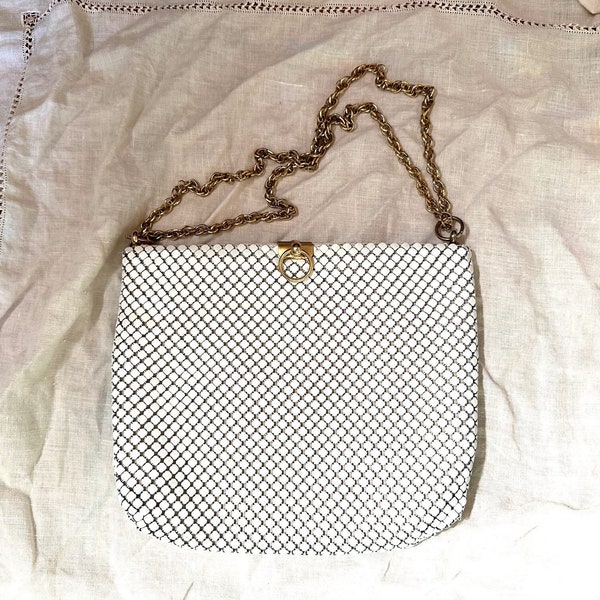 Vintage Whiting and Davis White Mesh Purse, Gold Hardware, Holds Itself Open, 10 Inches Wide, 9 Inches Tall, Great Condition Fits Phone