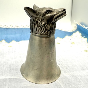 Antique Fox Head Stirrup Cup: Engraved Silver Tone Hunting Trophy