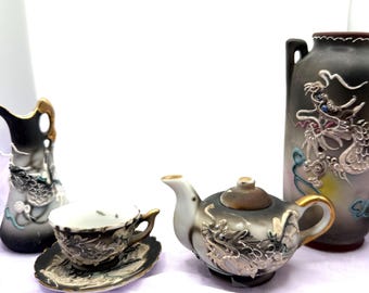 Vintage Japanese 3D Dragon Moriage Tea Set with Small Matching Vase, Hand Painted