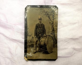 Antique Civil War Era Tintype Photo of Drummer in Uniform with Possible Military Cap