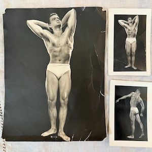 Set of Three Vintage 1940s - 1960s Lon of New York Physique Bodybuilder Photographs, 1 Stamped Large Photo, 2 Smaller Photos, Alonzo Hanagan