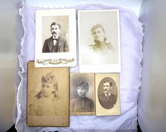 Antique 1800s Photograph Lot of 5 Cabinet Cards, Men, Women with Jewelry, Child