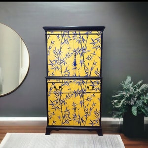 SOLD - **For Commission Only ** painted cocktail cabinet enrobed in a stunning Japanese style bamboo leaf print.  .