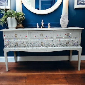 SOLD - For Commission only. Stunning Stag sideboard / console table hand painted in pale duck egg with abstract wild flowers meadow scene.