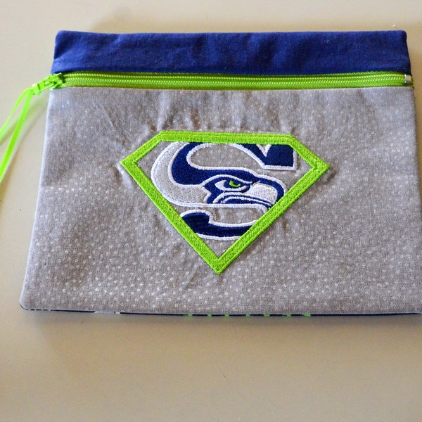 Seahawks handmade machine embroidered unlined front zipper pouch, bag, cosmetics, travel, coin purse, make up, gift, novelty, toiletry bag