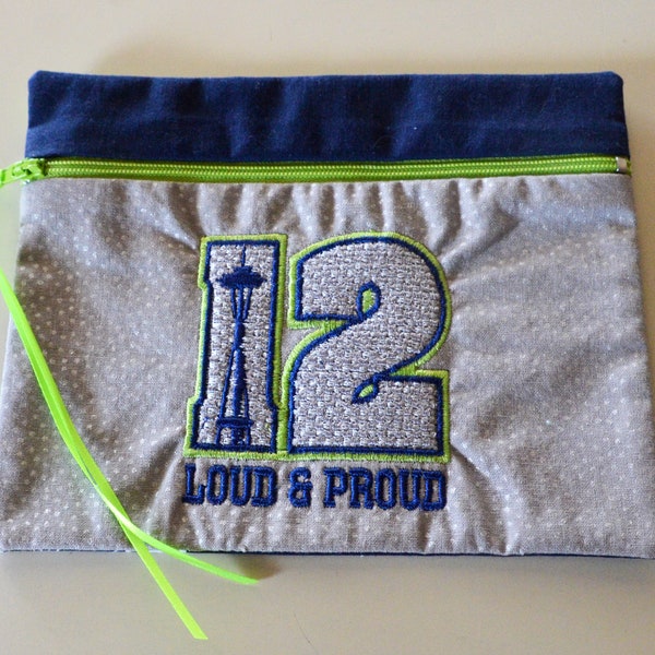 Seahawks handmade machine embroidered front zipper pouch, bag, cosmetics, make up, travel, coin purse, essential oils, wallet, gift, unlined