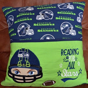Seahawks football reading pillow, embroidery, pocket pillow, sports, books, children, throw pillow, read, gift, baby shower, decorative