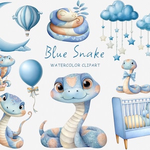 Blå orm akvarell Clipart, 24 PNG transparent, söta reptildjur, djungelbarnrumsdekor, pojke babyshower, omedelbar nedladdning