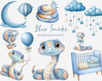 Blue Snake Watercolor Clipart, 24 PNG Transparent, Cute Reptile Animal, Jungle Nursery Decor, Boy Baby Shower, Instant Downloa