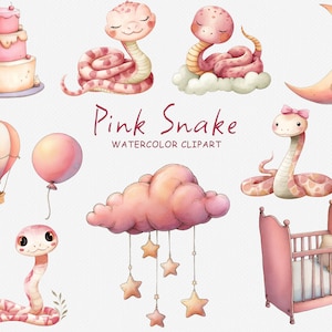 Könnte beinhalten: Aquarell-Clipart mit rosa Schlangen, einem Kuchen, einem Heißluftballon, einem Ballon, einem Halbmond, einer Wolke mit hängenden Sternen und einem Babybett. Der Text "Pink Snake Watercolor Clipart" ist ebenfalls enthalten.