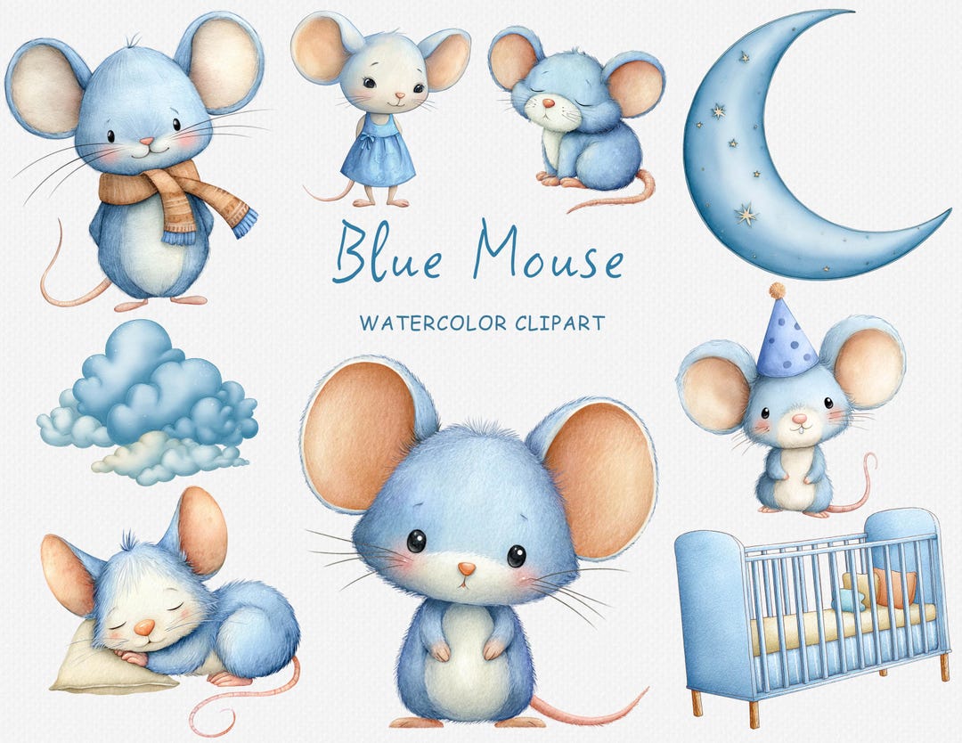 Cute Blue Mouse Clipart, Watercolor PNG Collection, Baby Animal Bundle ...