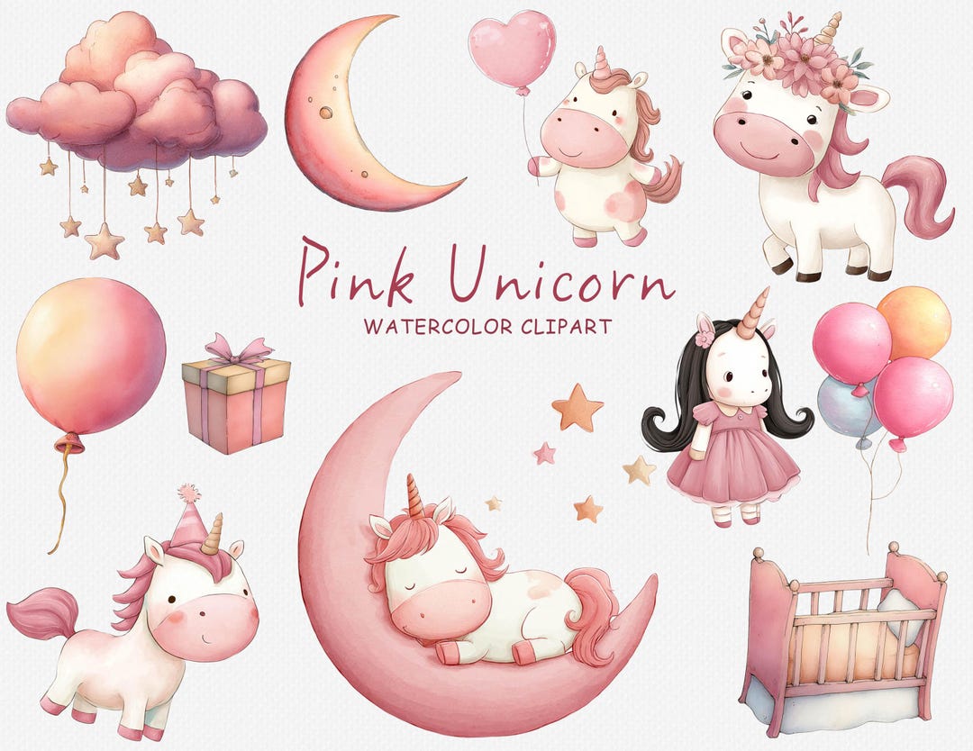 Pink Unicorn Watercolor Clipart, 24 PNG Transparent, Cute Fairy Unicorn ...