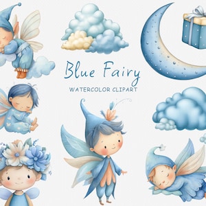 Pode incluir: Clipart em aquarela com fadas azuis, nuvens, uma lua crescente e uma caixa de presente. As fadas são retratadas com asas e vestindo roupas azuis. O texto "Blue Fairy Watercolor Clipart" também está incluído.