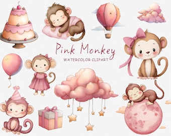 Pink Monkey PNG Clipart Set, Watercolor Nursery Bundle (24), Cute Baby Monkey Illustration, Jungle Animal Baby Party Decor, Digital Download