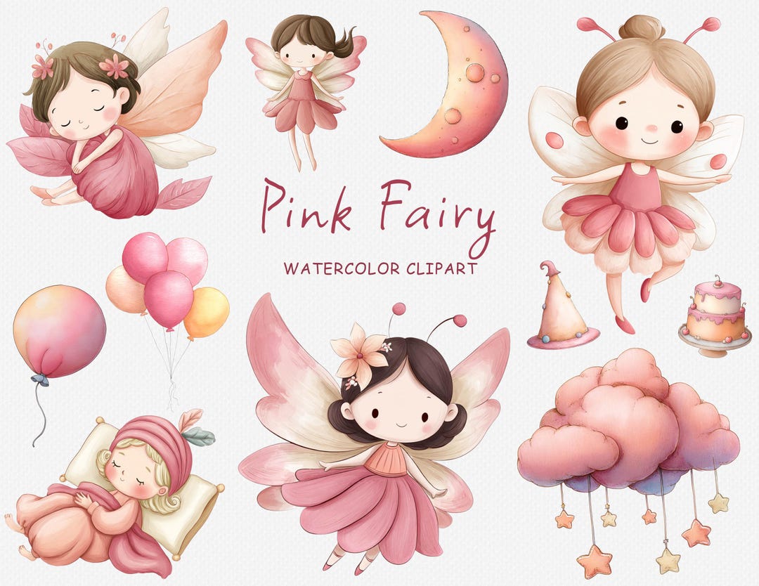 Cute Pink Fairy Clipart, Watercolor PNG Bundle 24, Fairytale / Fantasy ...