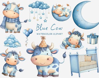 Kuh Aquarell Clipart, 24 PNG transparent, niedlichen Kuh auf dem Bauernhof, Barnyard Kinderzimmer Dekor, Junge-Baby-Dusche, Sofort Download