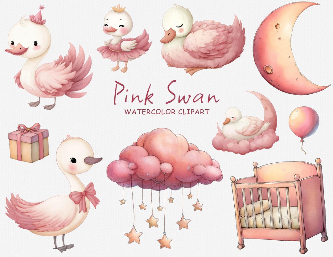 Pink Swan PNG Clipart Set, Watercolor Nursery Bundle (24), Cute Baby ...