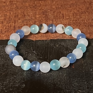 Blue Selenite Cat Eye Beaded Bracelet, Agate Stone, Yoga Jewelry