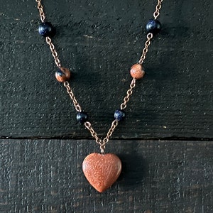goldstone beaded heart necklace, stone heart necklace