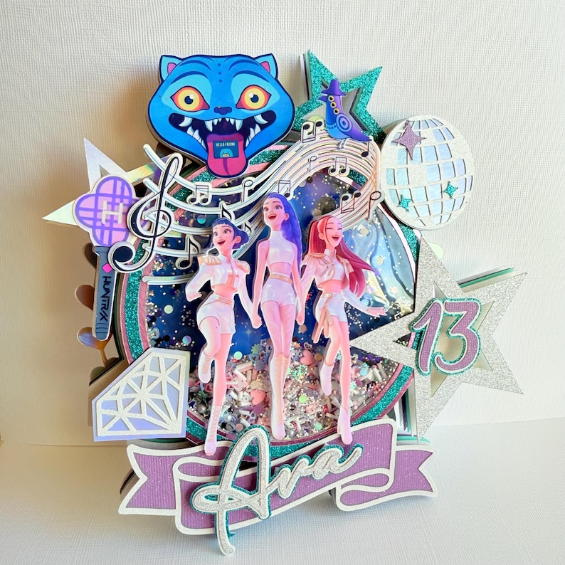 May include: A layered cake topper featuring three stylized figures, musical notes, and a disco ball. The topper includes a blue cat face, a star with the number 13, and a banner that says "Ava". The color palette includes shades of blue, pink, and silver.