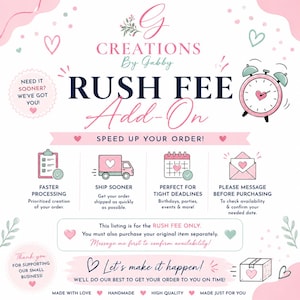 May include: A digital graphic titled G Creations By Gabby RUSH FEE Add-On. It features a pink alarm clock, a delivery truck, a calendar, and an envelope icon. Text includes SPEED UP YOUR ORDER, FASTER PROCESSING, SHIP SOONER, and LET'S MAKE IT HAPPEN.