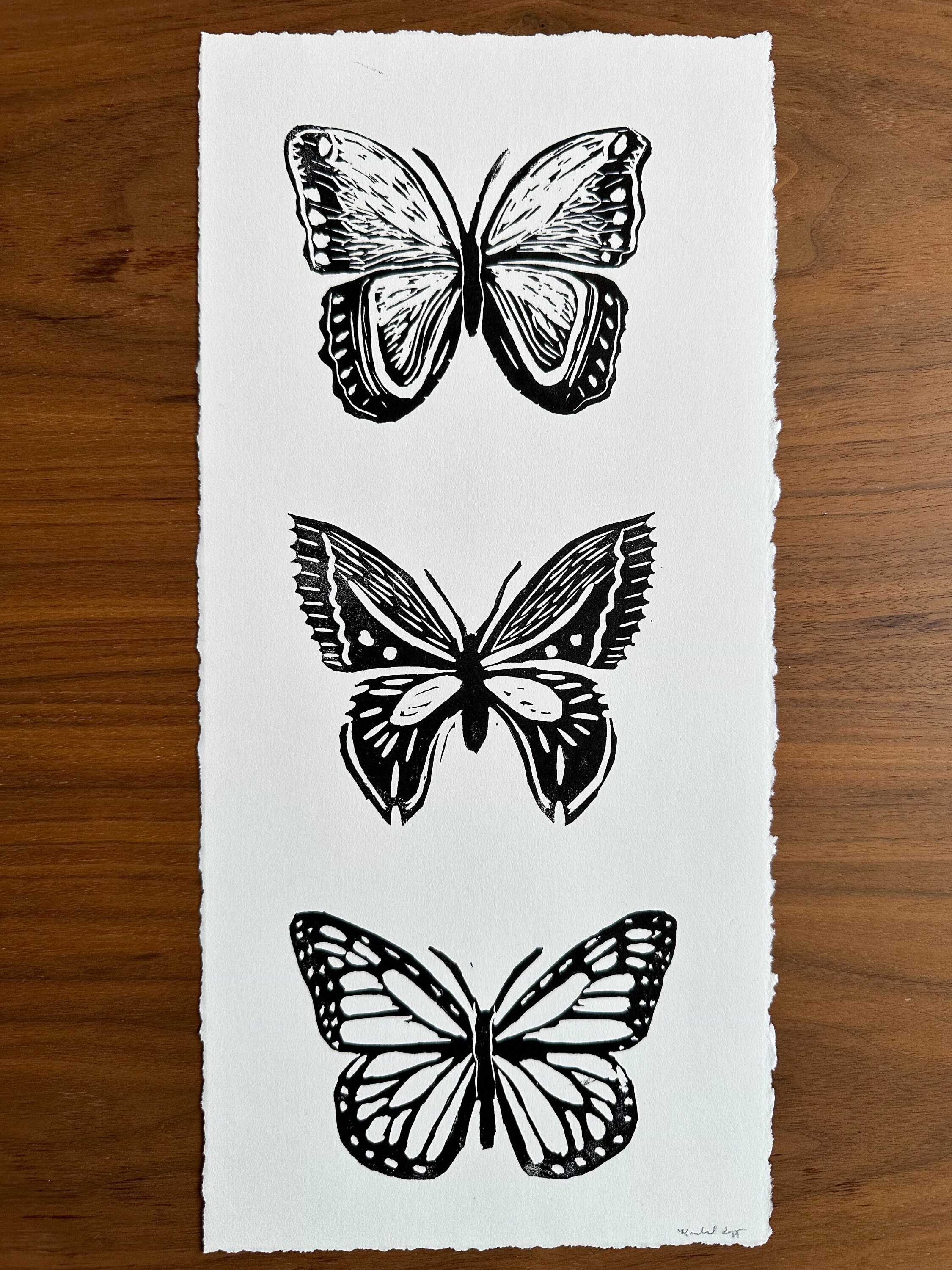 速くおよび自由な Trio Butterflies Linocut Block Butterfly Handmade - Print パーツ