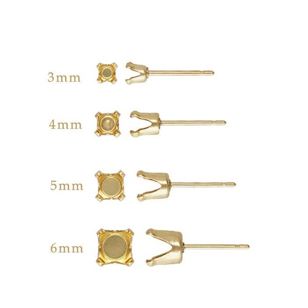 2 Pcs 3mm/4mm/5mm/6mm 14K Gold Filled Snap-in Setting Post Earrings, Four Prongs, Stone Setting, Wholesale, Bulk