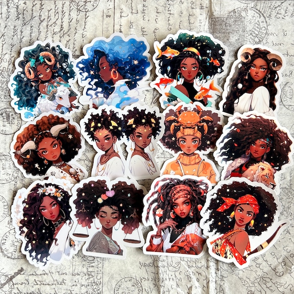 Complete Set of 12 Anime Zodiac Stickers - Black Girl Edition