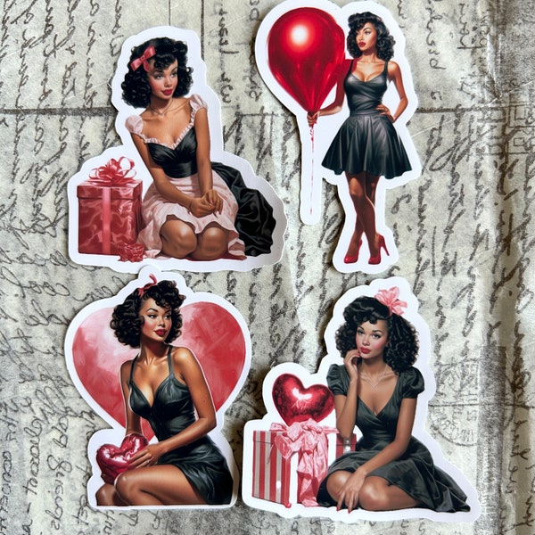 SET OF 4 Vintage Valentine’s Pinup - Black Girl Vintage Black Woman Stickers Matte Vinyl 2”