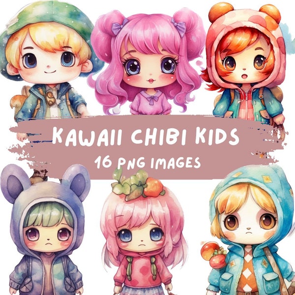 Watercolor Kawaii Chibi Clipart, Cute Children clip art, Anime Clipart, High Quality PNG - Card Making, Digital Paper Craft