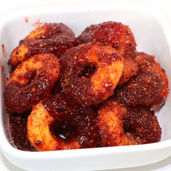 Chamoy Chile Peach Rings - Chamoy Candy, Tajin Candy, Chile Candy, Mexican Candy, Michelada Candy, Chile Powder Candy