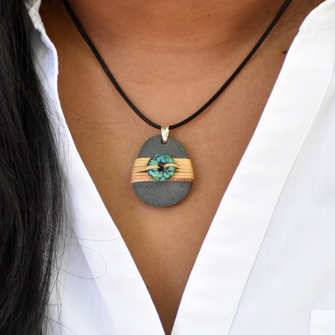 Natural Rock Necklace With Turquoise Stone on Leather Cord Organic