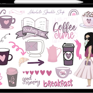 May include: A digital planner page with stickers featuring a coffee cup, a book, a croissant, a woman with sunglasses, and the text "Coffee Time" and "Reading Time".