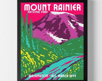 Mount Rainier National Park Art Print | Hand-Drawn Mountain Landscape Wall Art