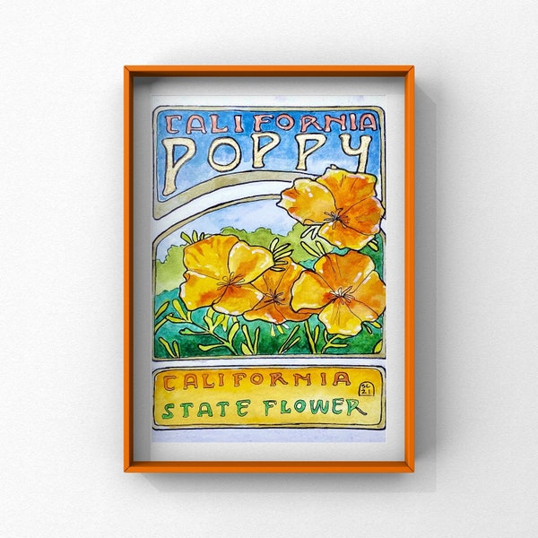 California State Flower Poppy Art Nouveau Print | Botanicals and Florals | Watercolor |