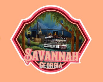 May include: A decorative sticker featuring a riverboat scene with a bridge and city skyline. The sticker has a pink and white border and the words "Savannah Georgia" in pink and green.