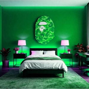 May include: A bedroom decorated in shades of green, featuring a large camouflage-patterned wall art. The room includes a bed with white bedding, two black bedside tables with pink lamps, and a green rug. The walls are painted a vivid green.