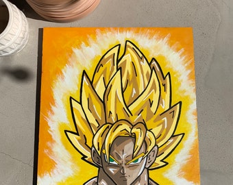 Handmade Goku Super Saiyan Acrylic Painting on Wood, Anime Fan Art